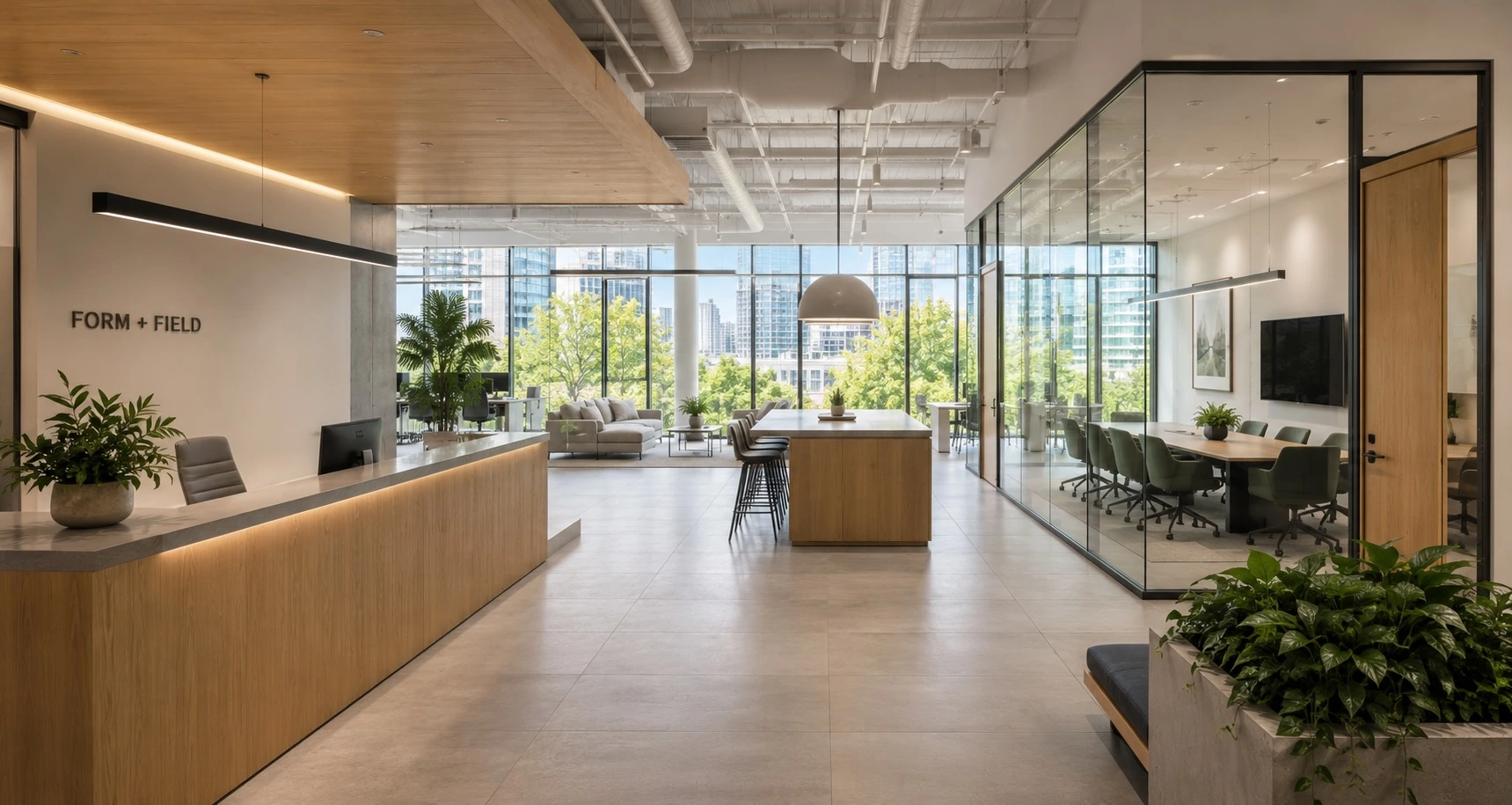 Conceptual rendering of a modern commercial office reception and glazed boardroom fit-out in Metro Vancouver