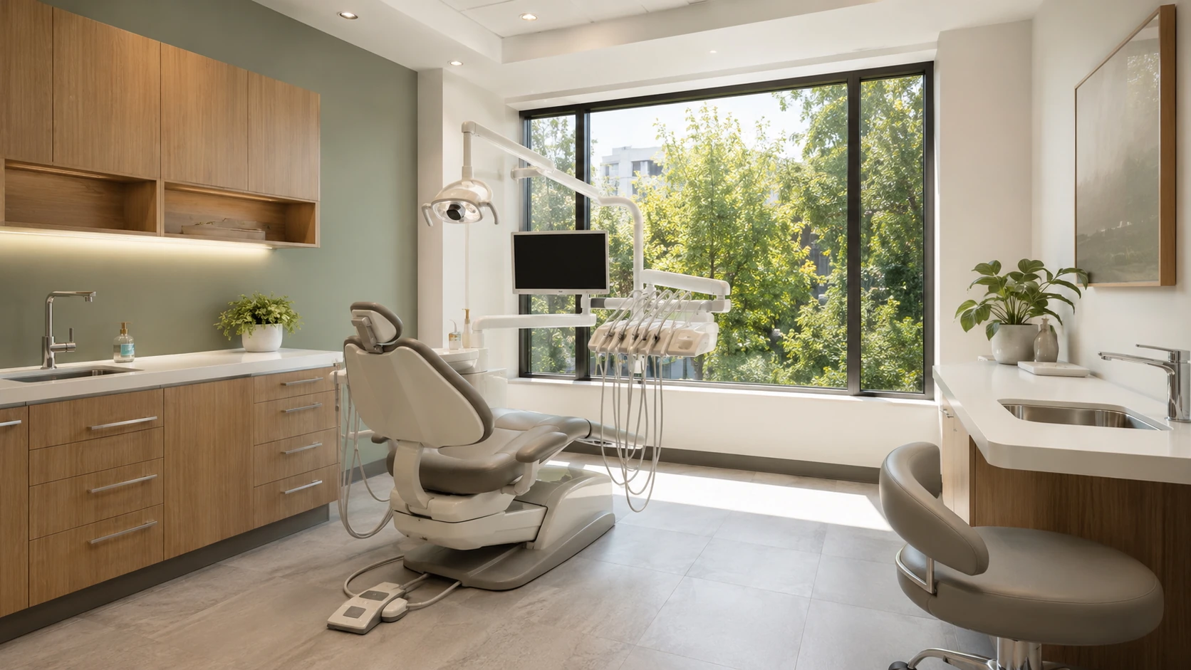 Conceptual rendering of a modern dental operatory with oak millwork and natural light — representative of Eurohouse dental clinic build-outs in Vancouver
