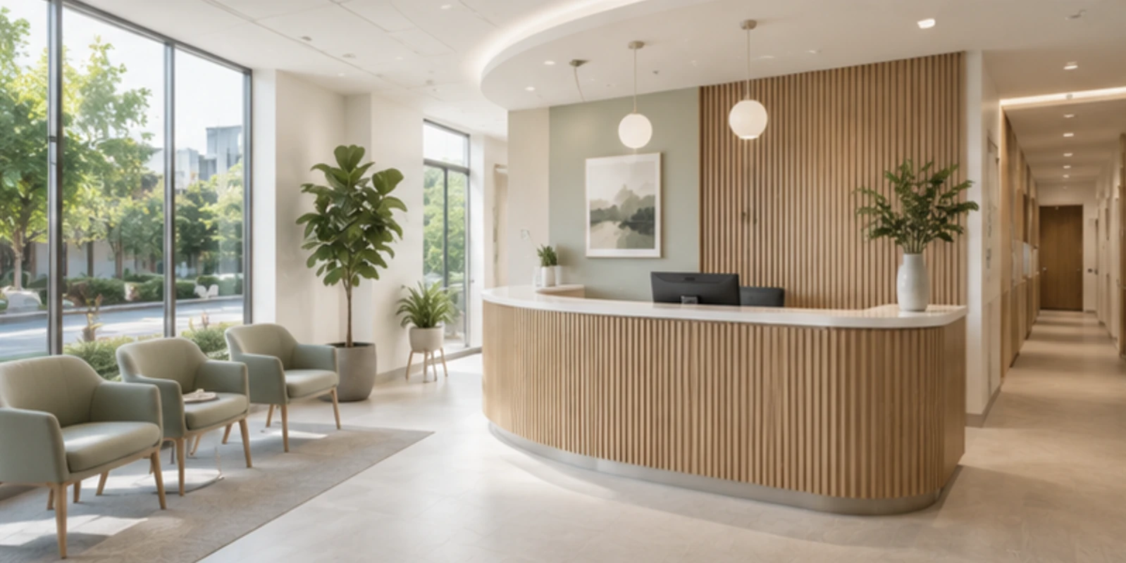 Conceptual rendering of a dental clinic reception and waiting area with a wood-slat front desk