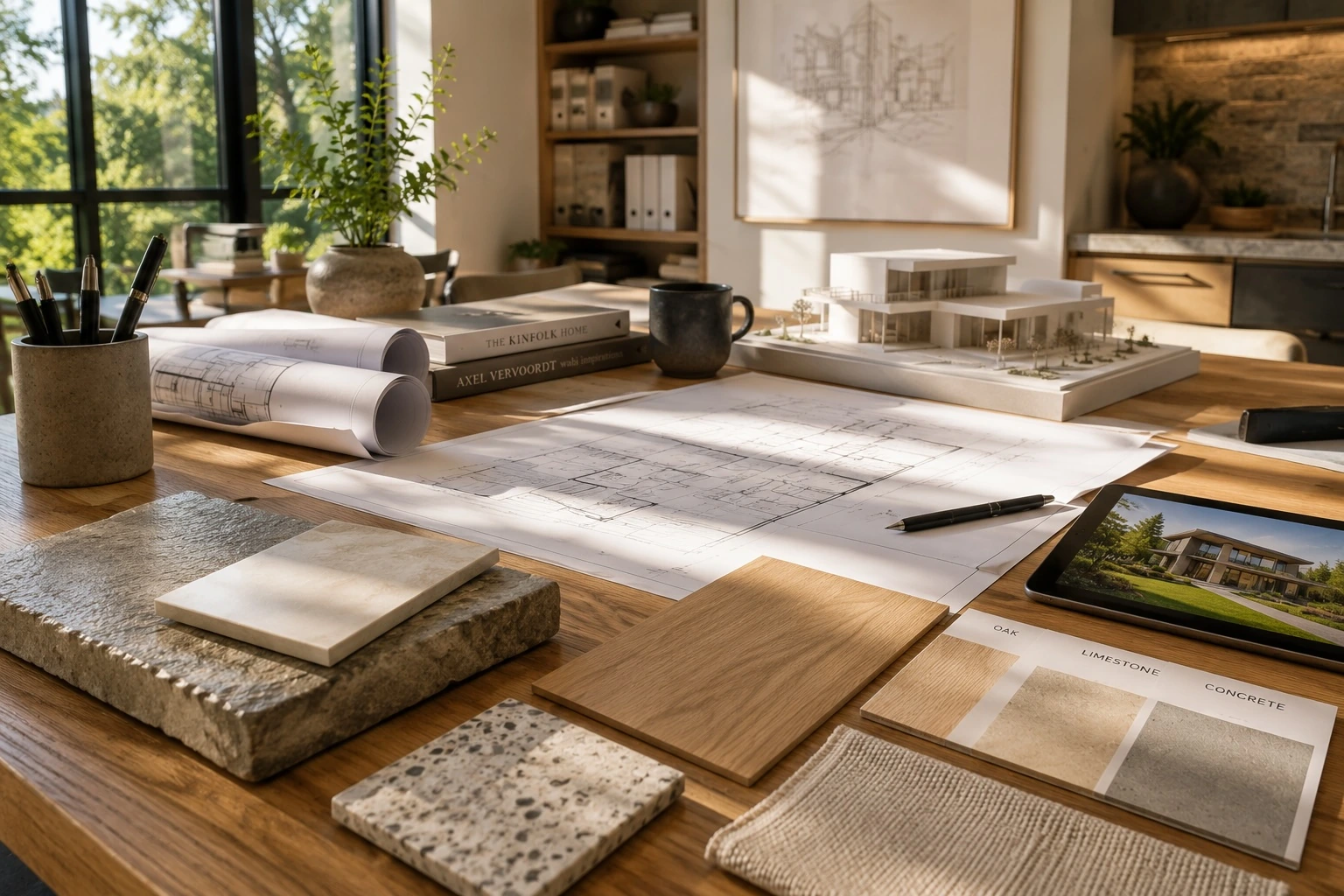 Design-build concept rendering: architectural drawings, material samples, and a study model on a studio table