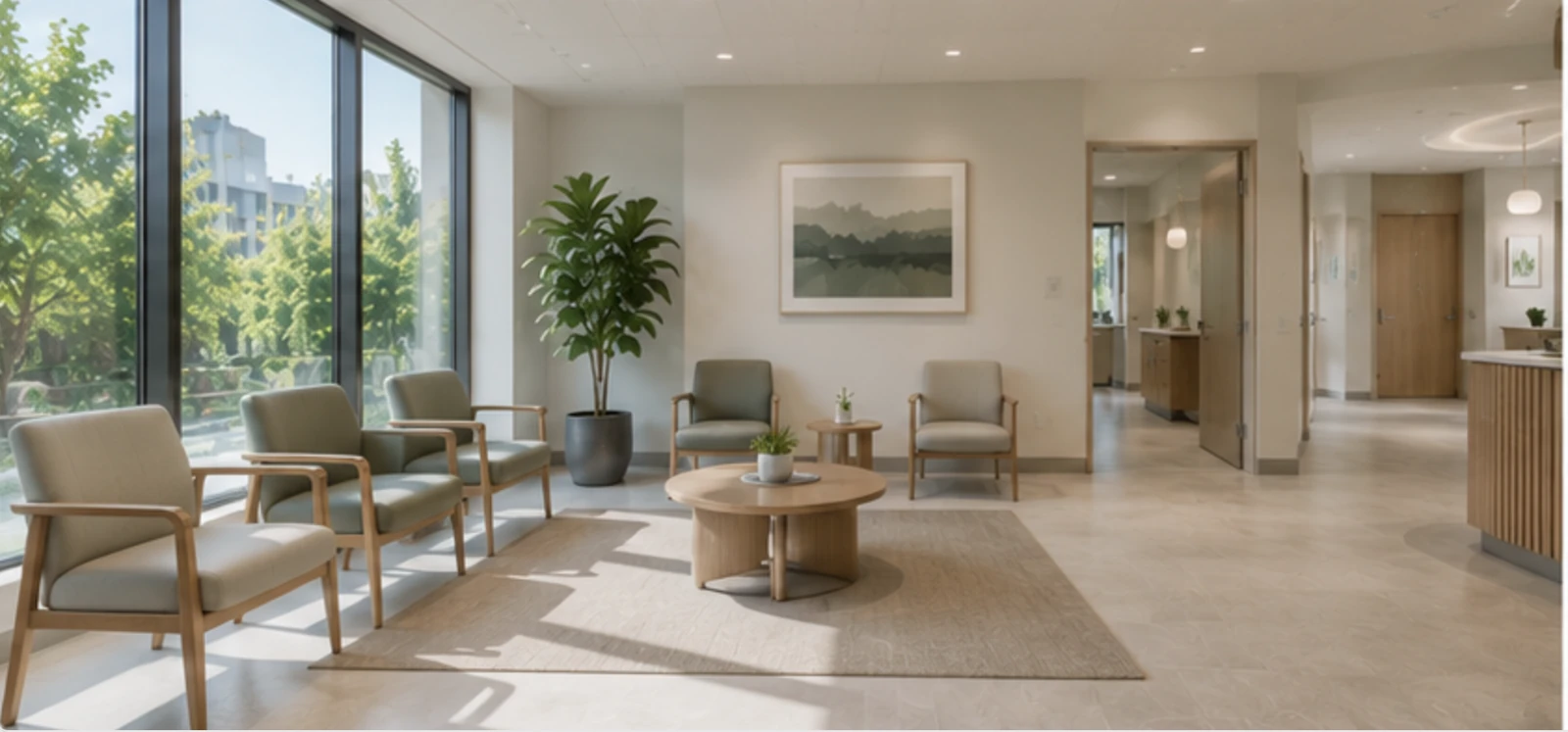 Conceptual rendering of a medical office waiting area with daylight and seating