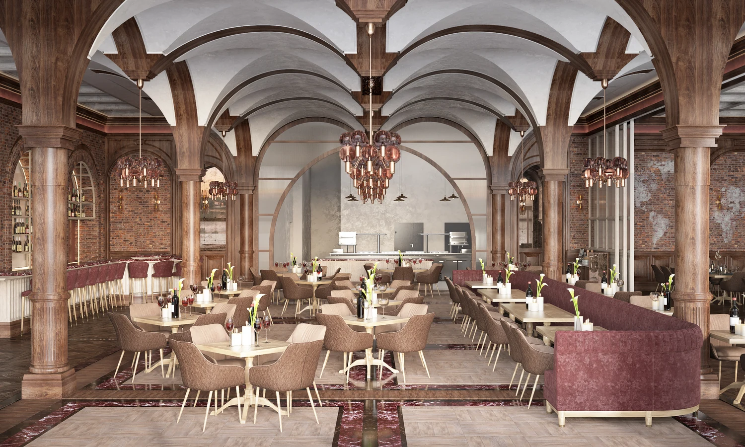 Vaulted main dining hall of a winery restaurant designed by Eurohouse