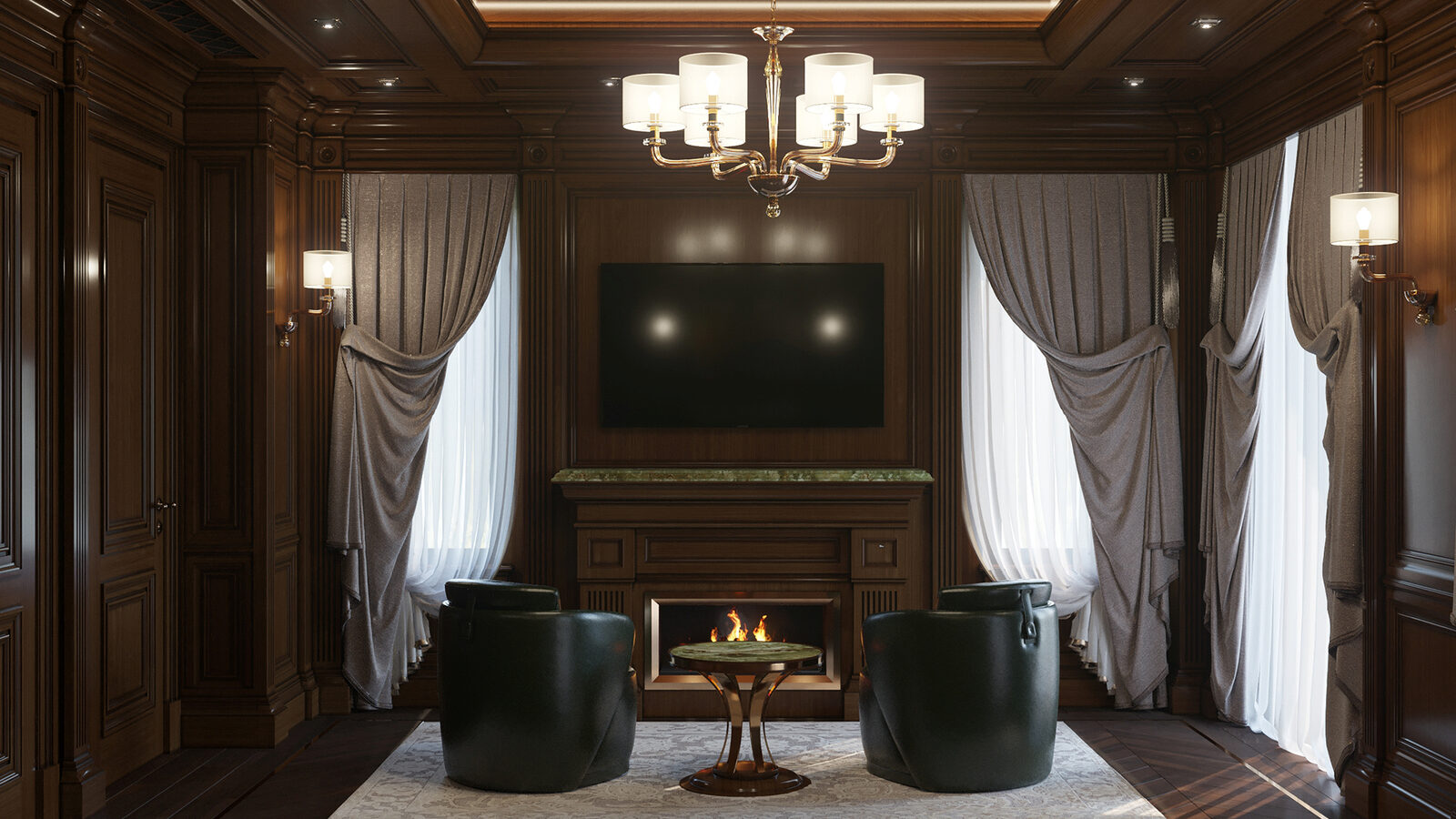 Walnut-paneled executive library