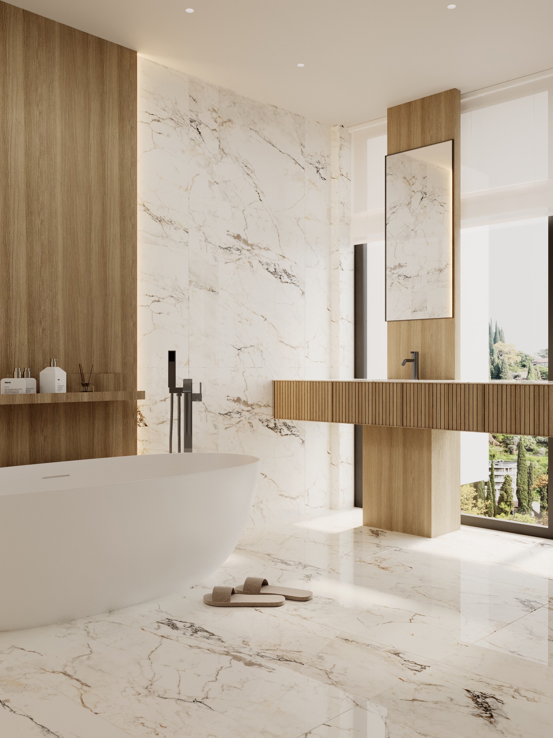 Rain shower with marble walls at Benbow Road West Vancouver by Eurohouse Studio