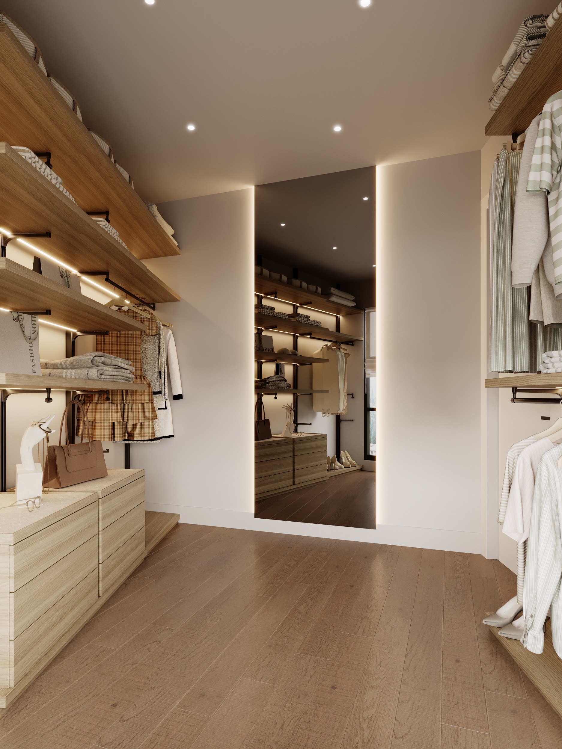 Walk-in closet with oak shelving at Benbow Road West Vancouver by Eurohouse Studio