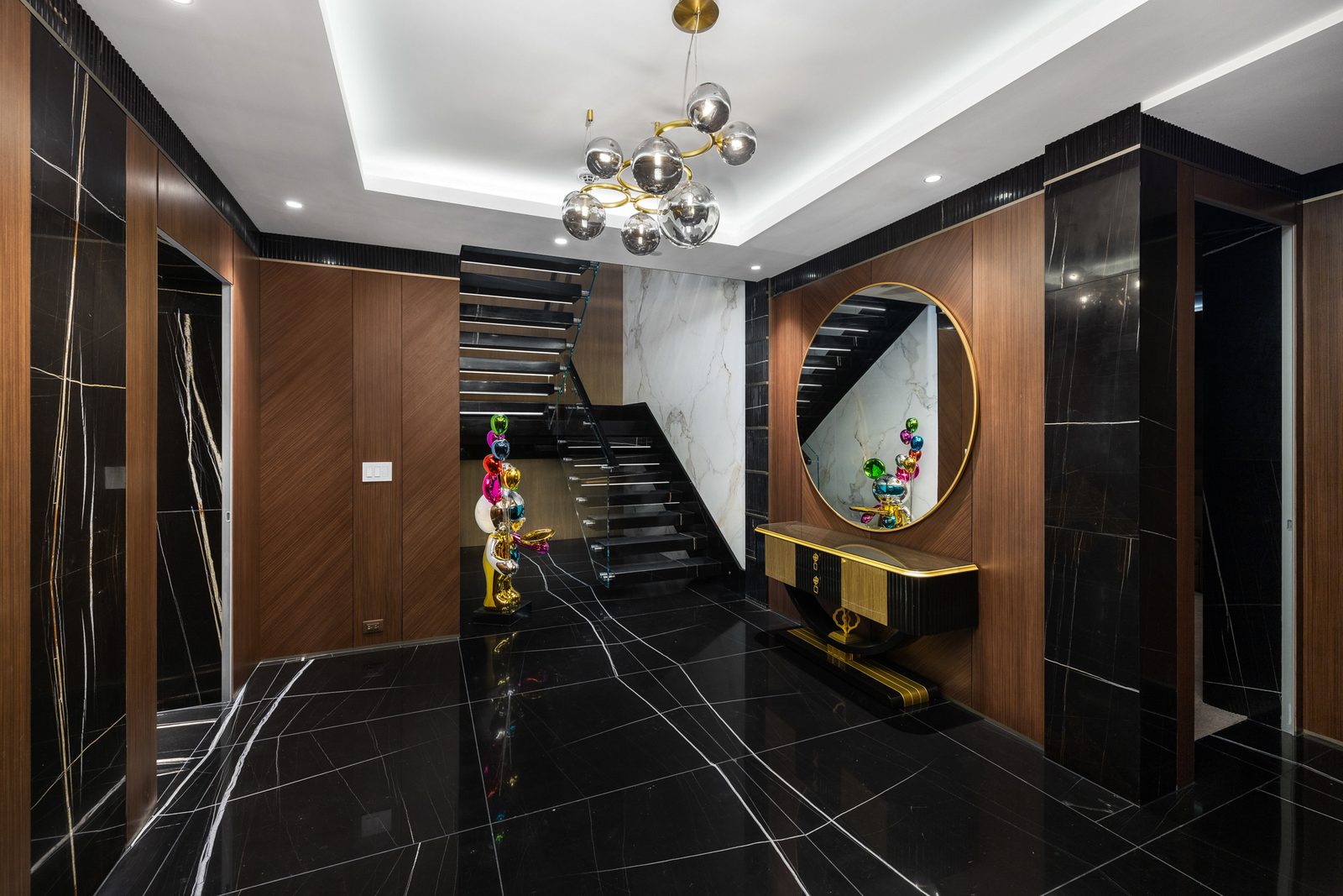 Entertainment bar and lounge with projection screen backlit spirits display nero marquina marble floor West Vancouver