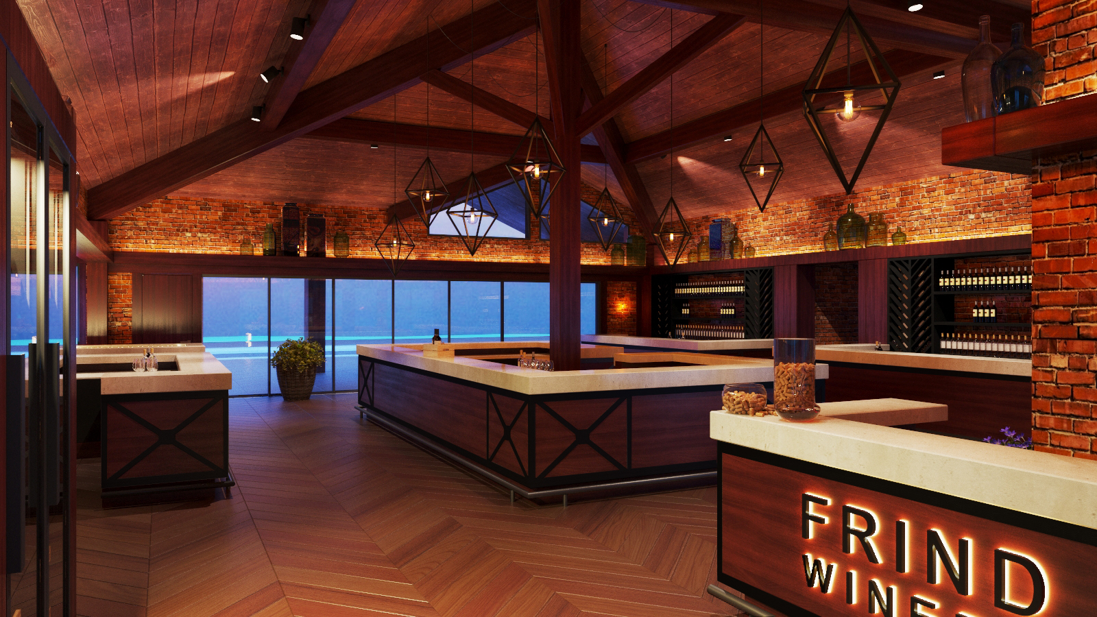 Frind Estate Winery tasting room render — exposed timber trusses, brick walls, custom tasting bars, geometric pendant lighting, and Okanagan Lake views — by Eurohouse Studio