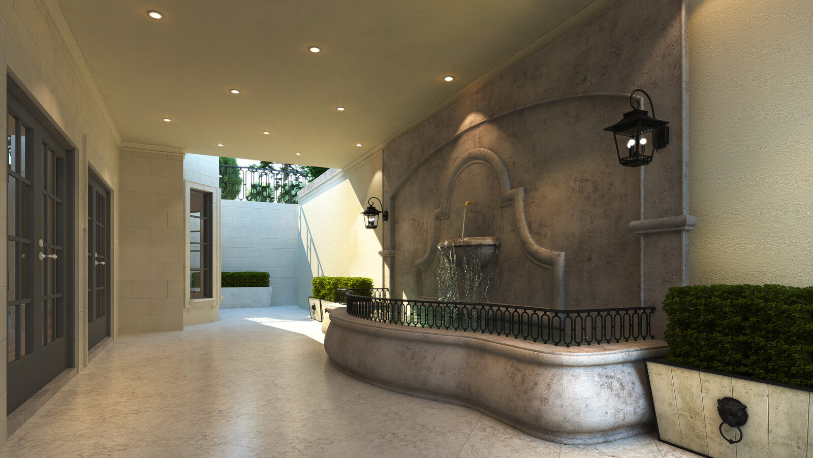 Grand Surrey Estate lower patio with stone fountain