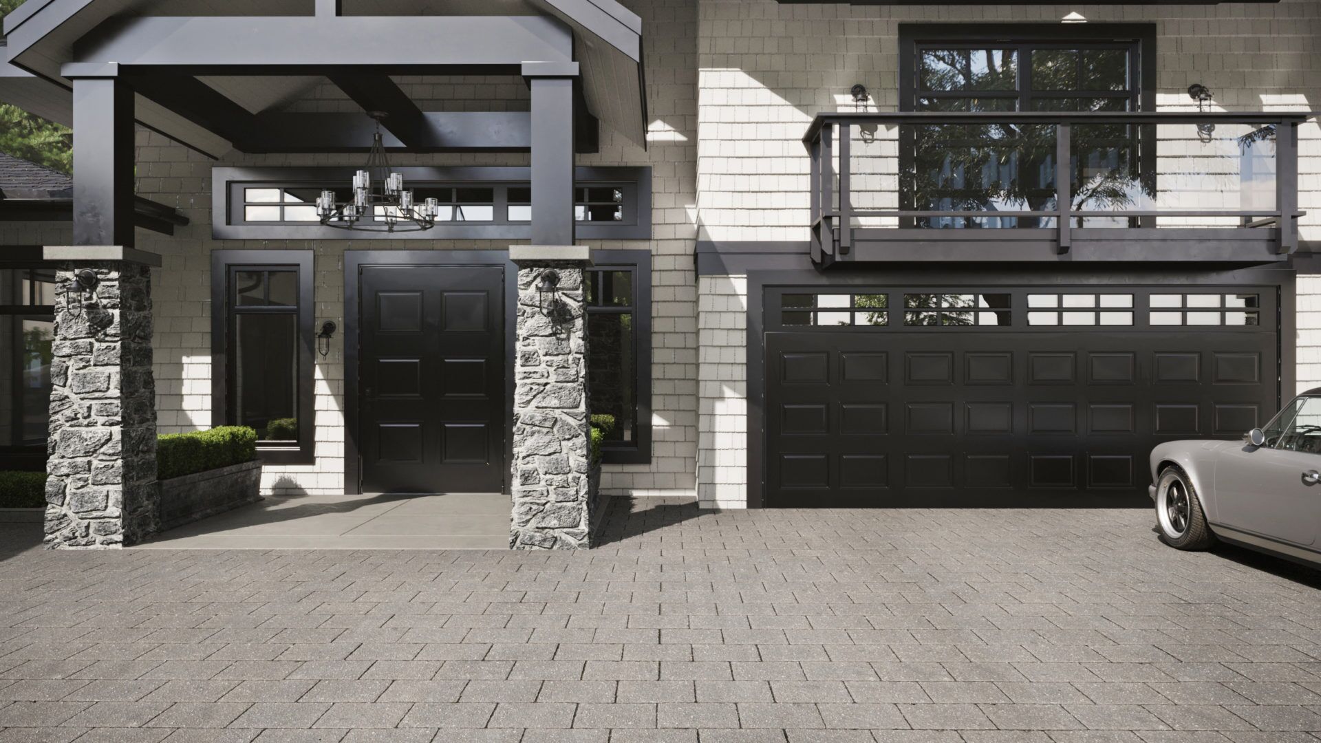 Close-up render of craftsman front entrance with stone pillar columns iron chandelier black panel door and garage with classic Porsche West Vancouver designed by Eurohouse Construction