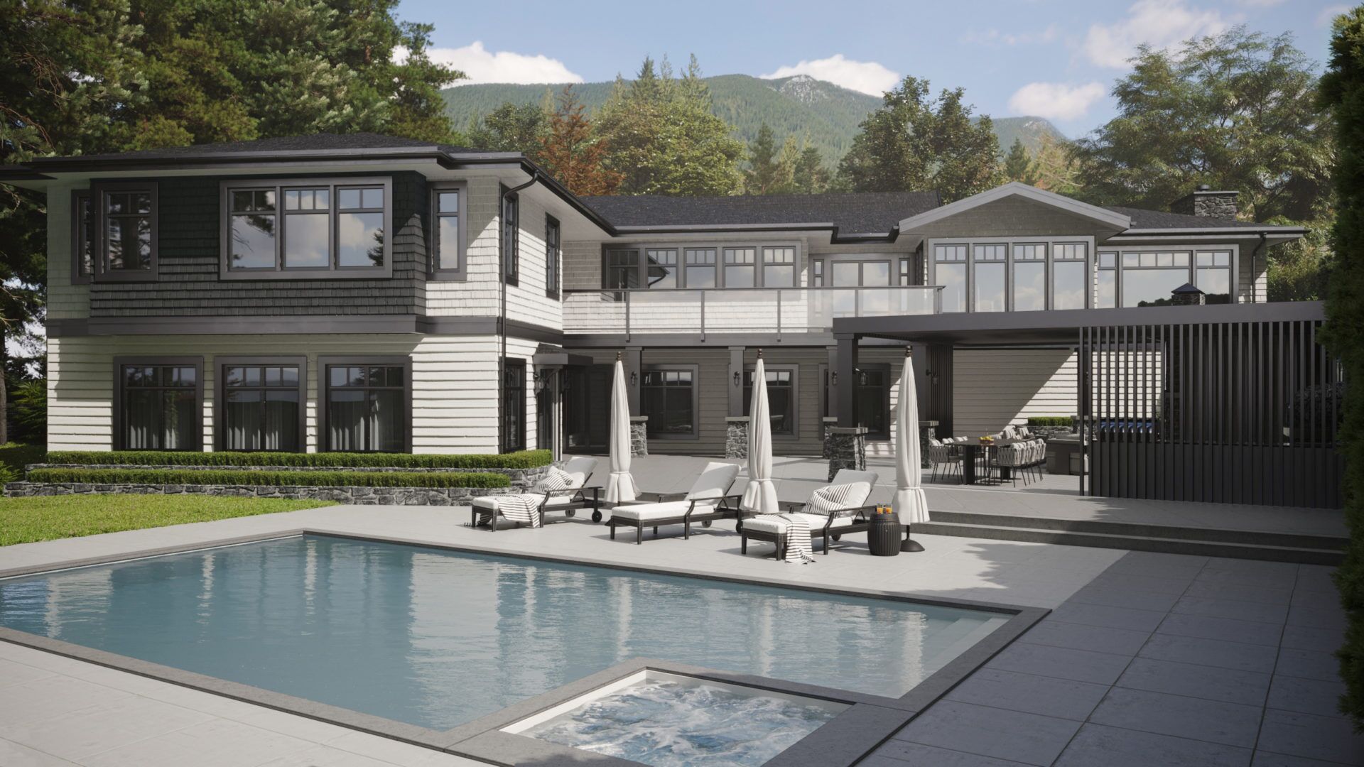 Rear elevation 3D render daytime of luxury estate with resort-style pool hot tub covered outdoor dining pavilion and mountain views West Vancouver designed by Eurohouse Construction