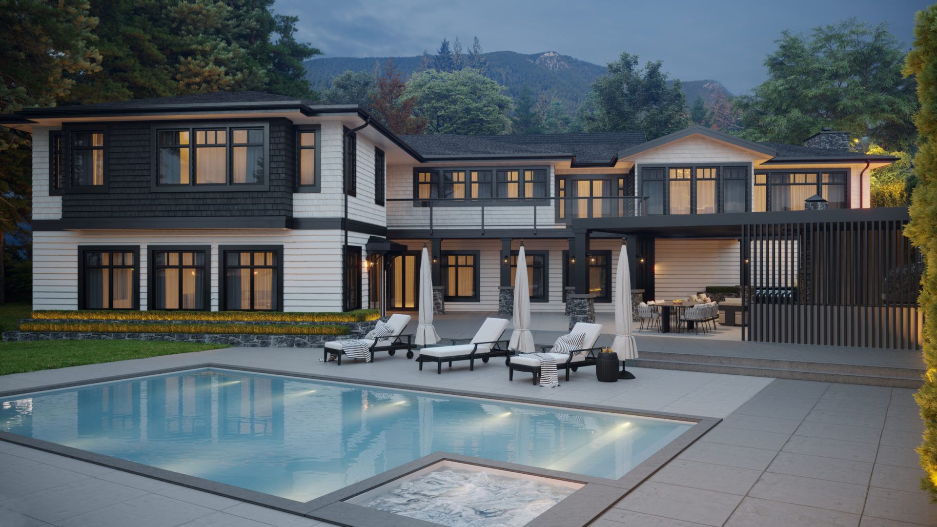 Rear elevation 3D render at dusk of luxury estate with illuminated pool hot tub covered dining pavilion and mountain views West Vancouver designed by Eurohouse Construction