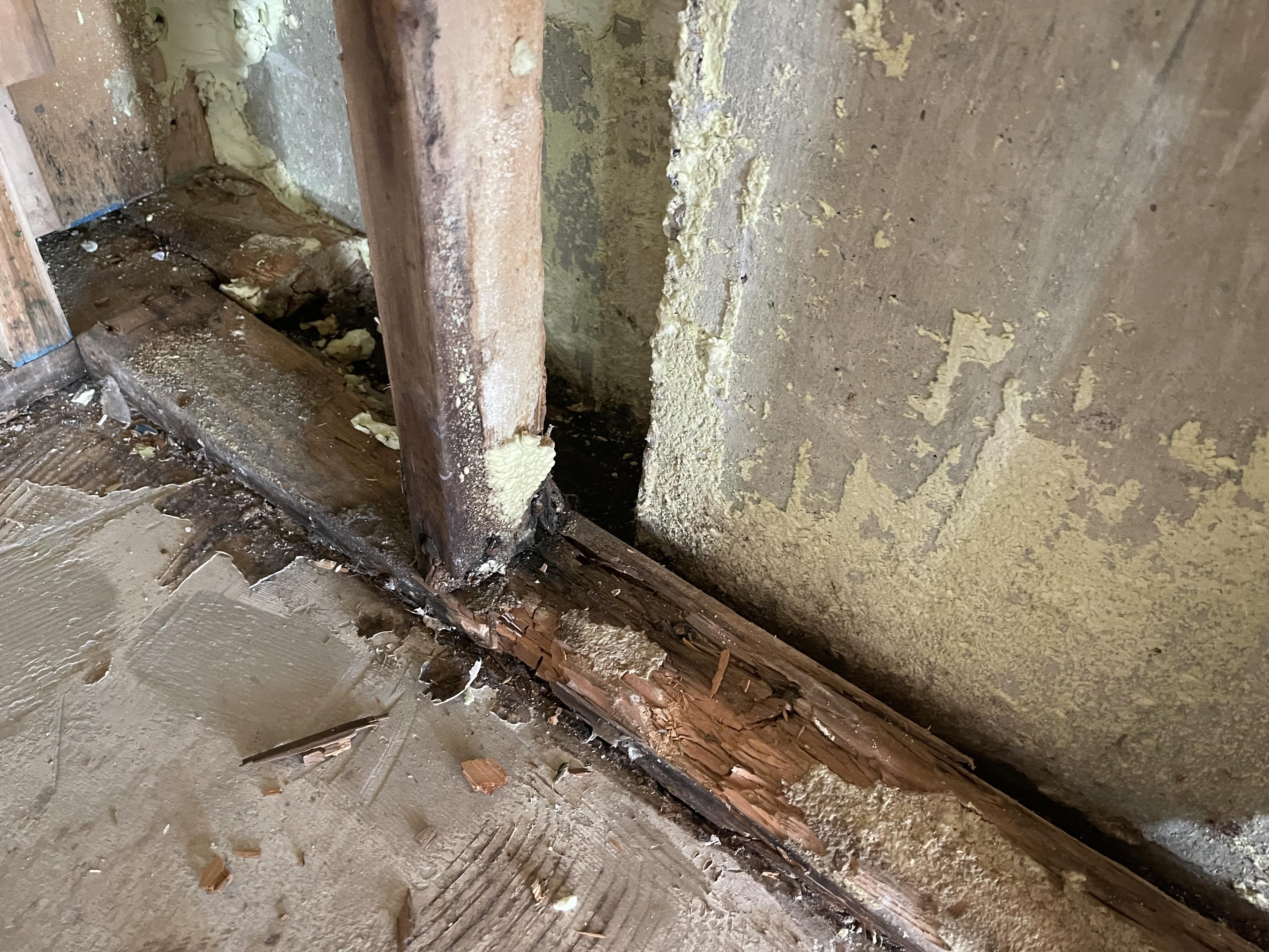 Rotted base plate from prolonged water exposure