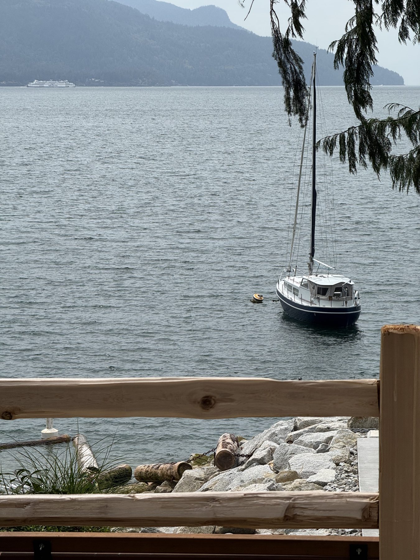 Howe Sound shoreline and new timber railing at Lions Bay Beach Park