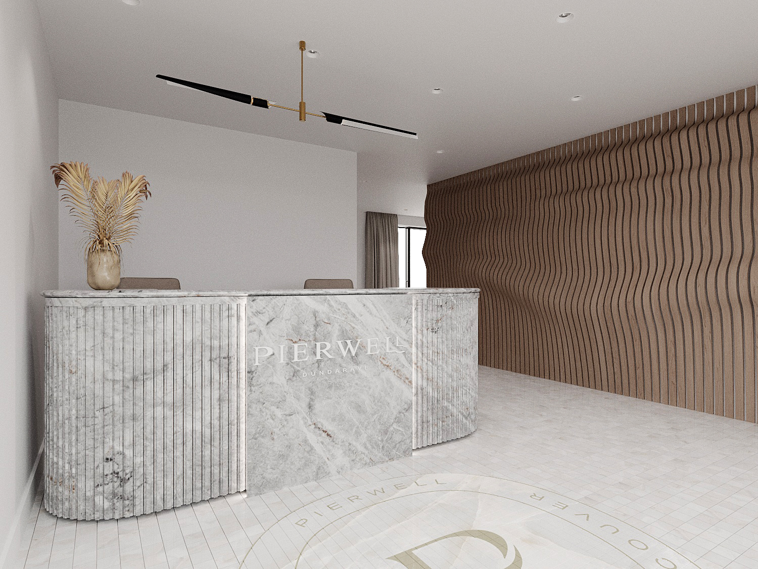 Pierwell interior — reception area from alternate angle showing marble and wood detailing