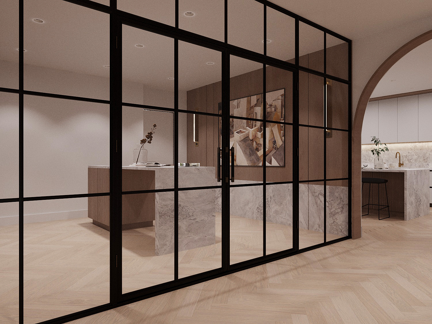 Pierwell meeting room — steel-frame glass partition, marble desk, arched doorway, herringbone floor