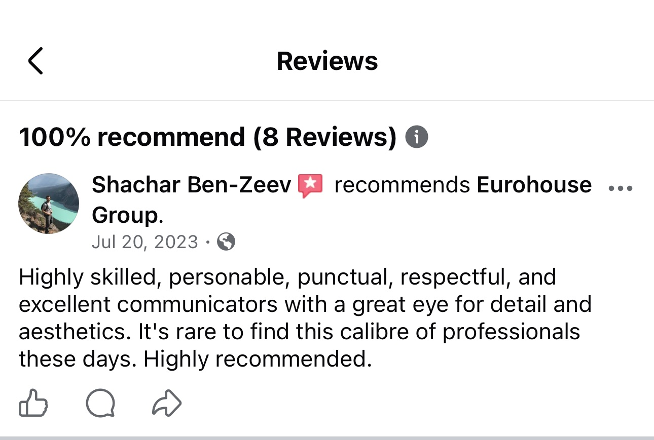 Facebook review from Shachar Ben-Zeev recommending Eurohouse Group — 100% recommendation rate, 8 reviews