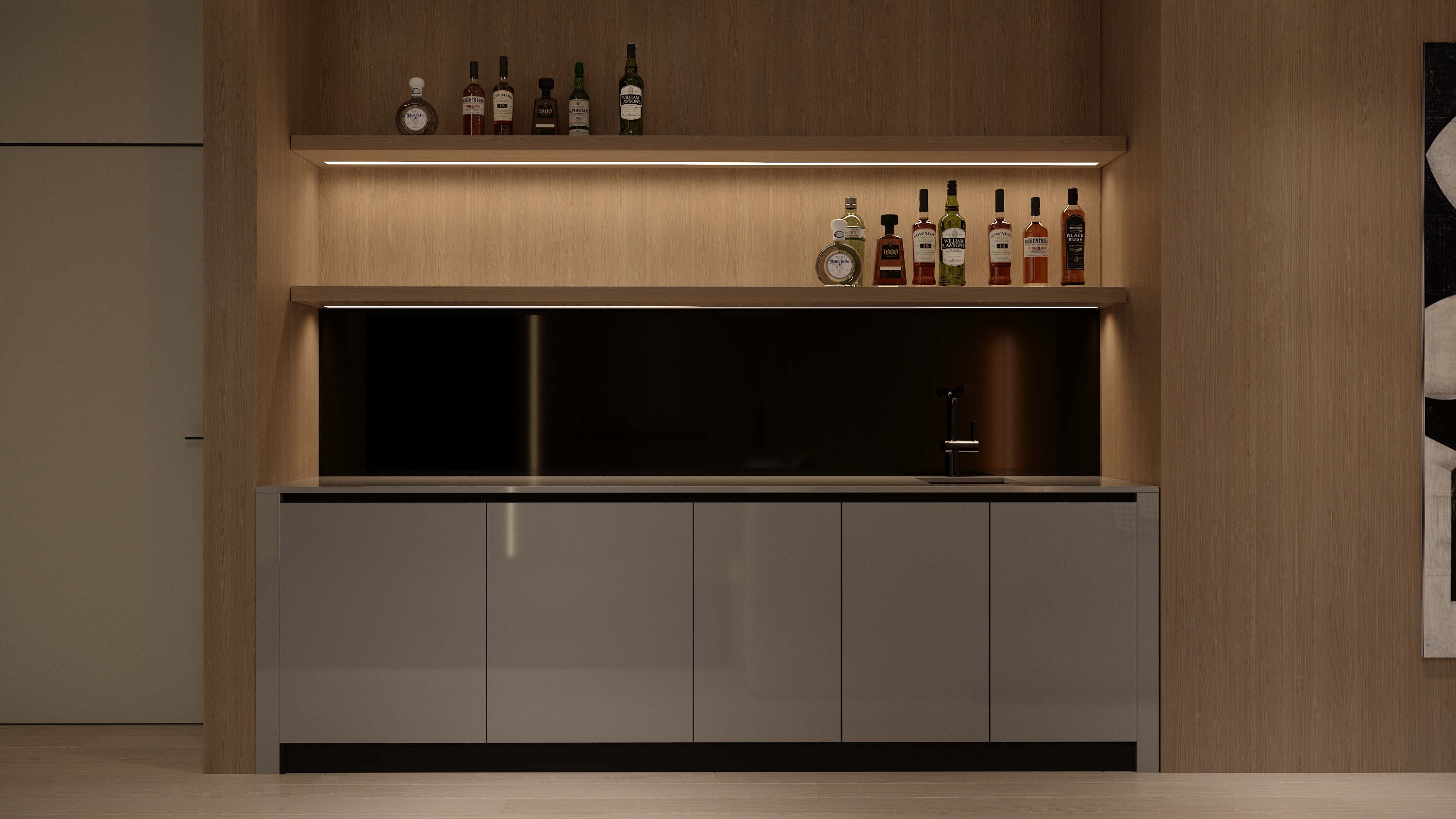 Wine storage at Scandinavian barn house West Vancouver by Eurohouse Construction