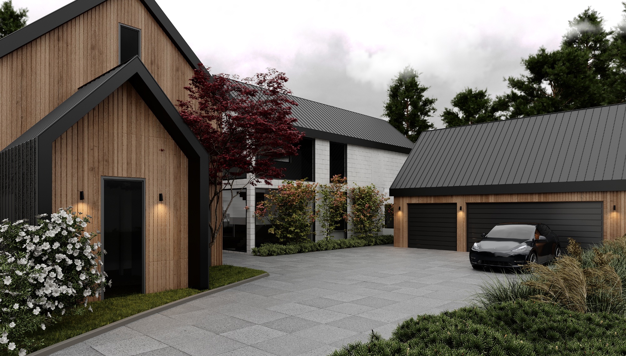 Front entry and driveway with cedar barn gable, Japanese maple, and double garage at Scandinavian barn house Spencer Road West Vancouver by Eurohouse Construction