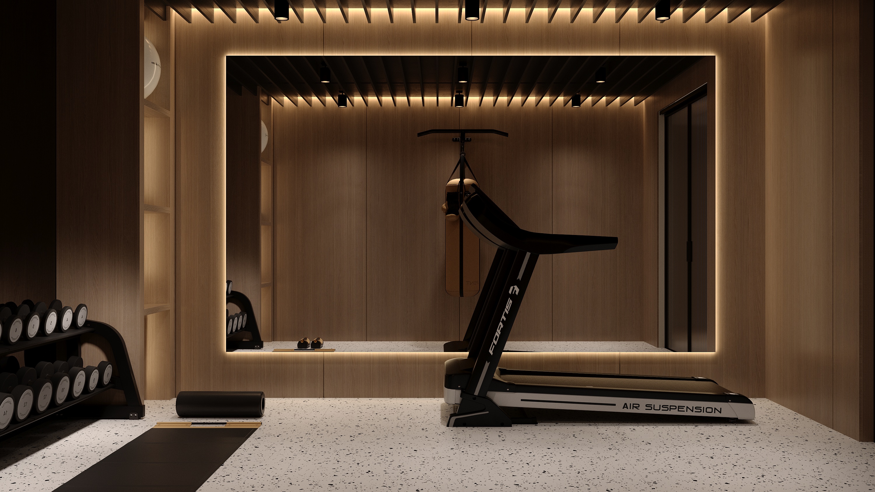 Gym equipment detail at Scandinavian barn house West Vancouver by Eurohouse Construction