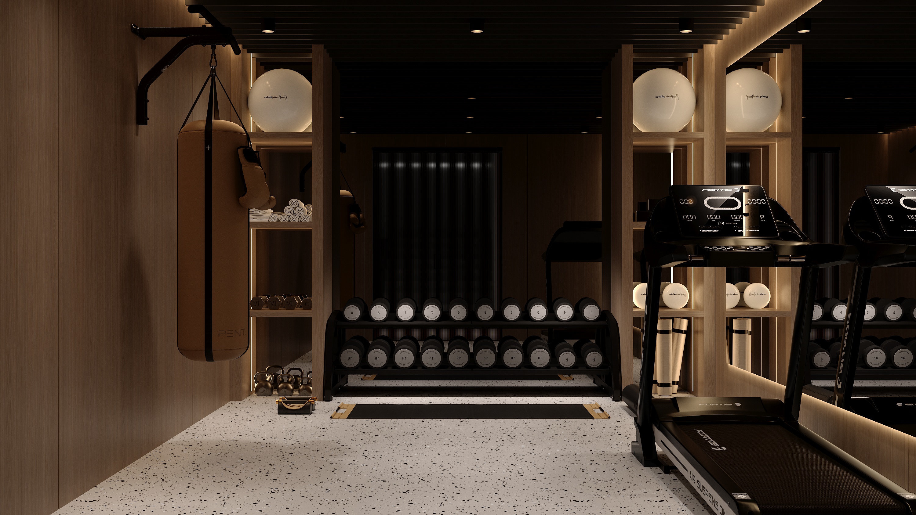 Home gym with professional equipment at Scandinavian barn house West Vancouver by Eurohouse Construction