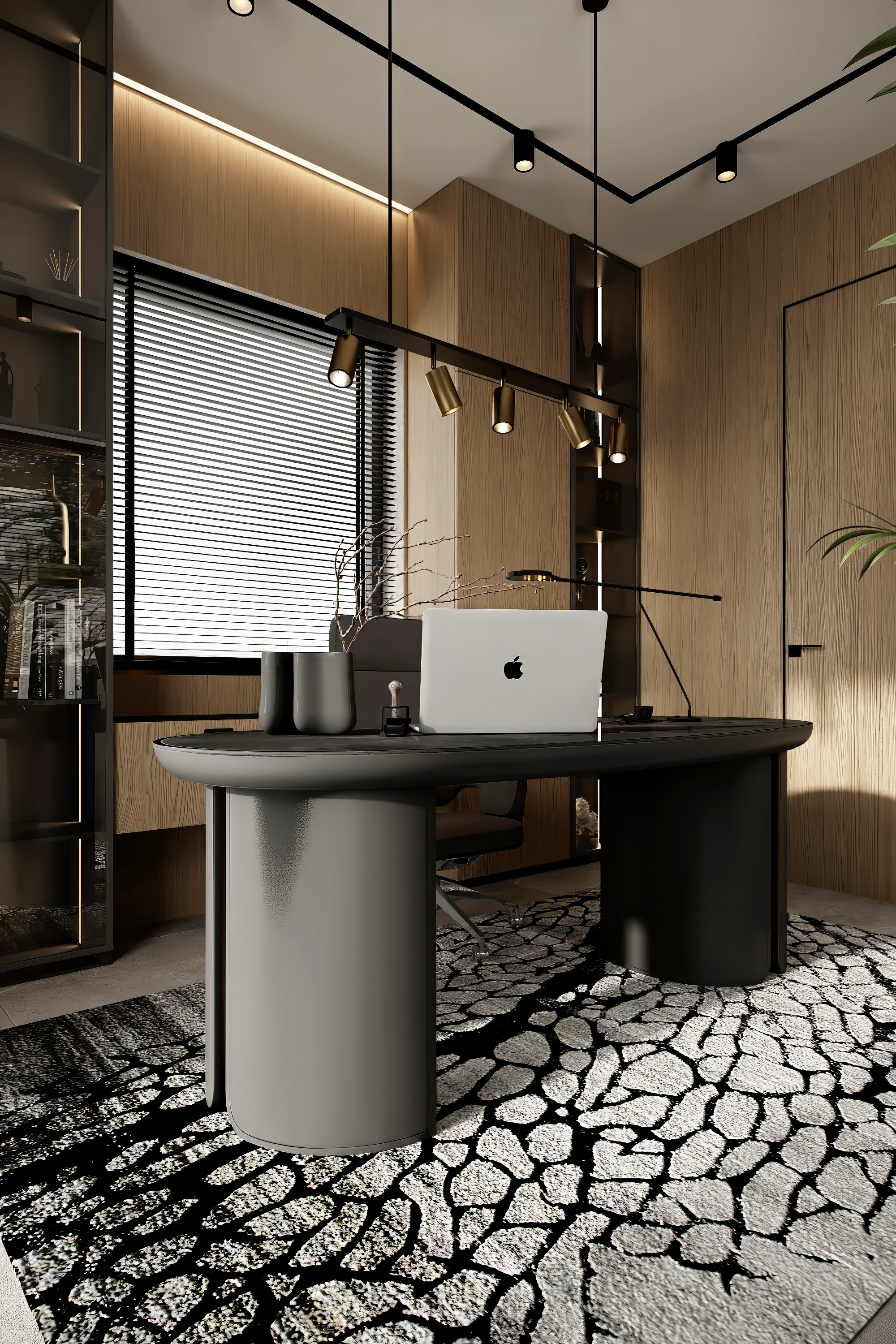 Home office with walnut millwork at Scandinavian barn house West Vancouver by Eurohouse Construction