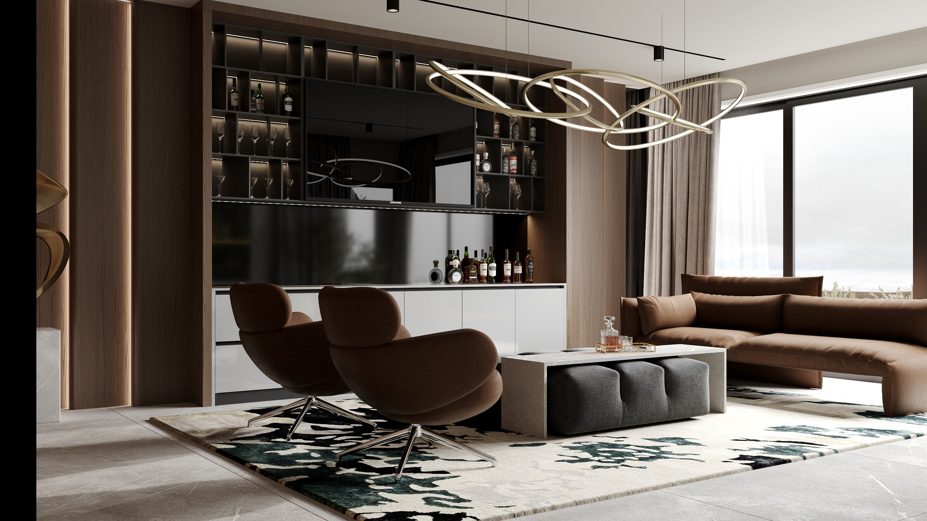 Lounge bar with built-in shelving and leather seating at Scandinavian barn house West Vancouver by Eurohouse Construction