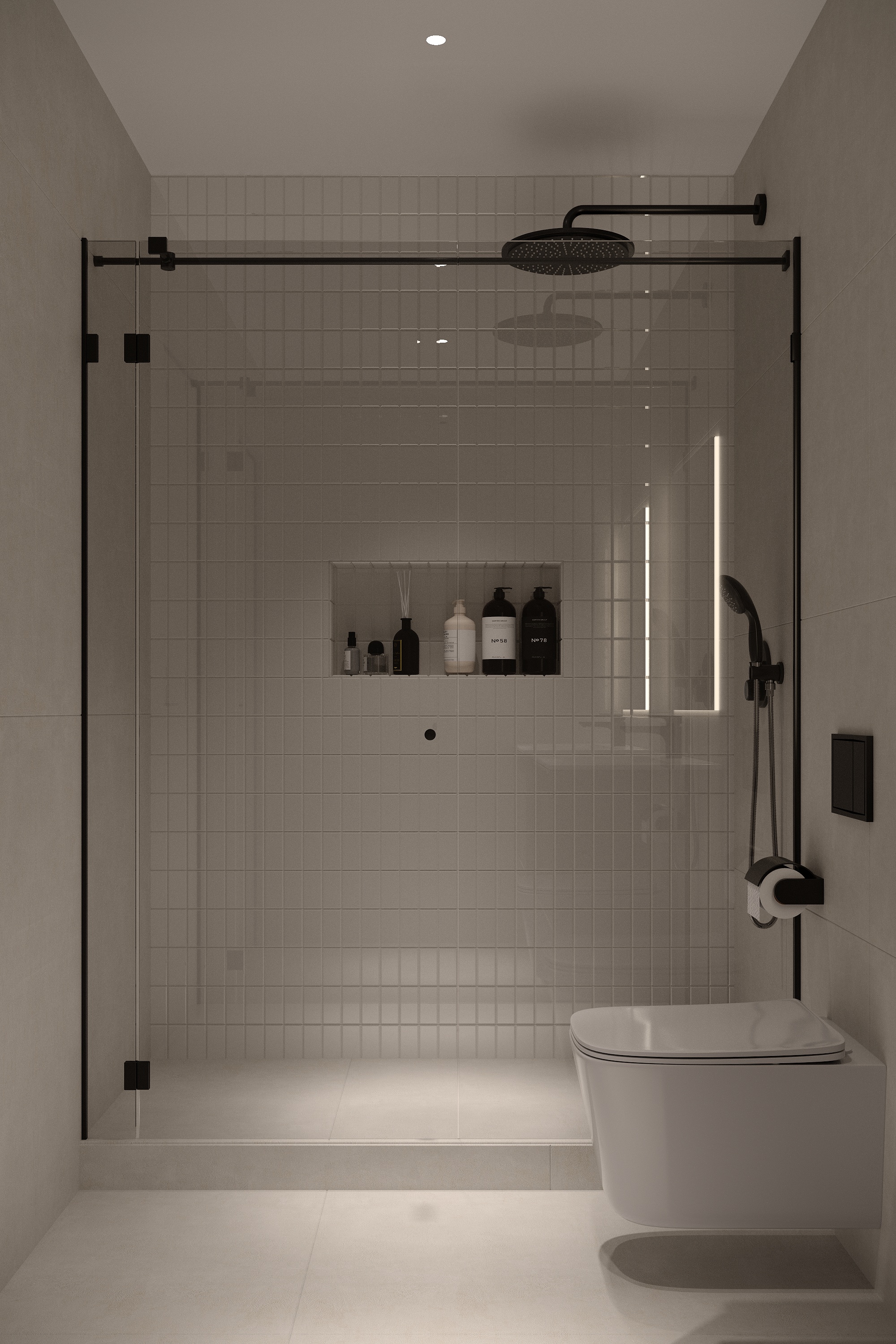 Upper bathroom shower detail at Scandinavian barn house West Vancouver by Eurohouse Construction