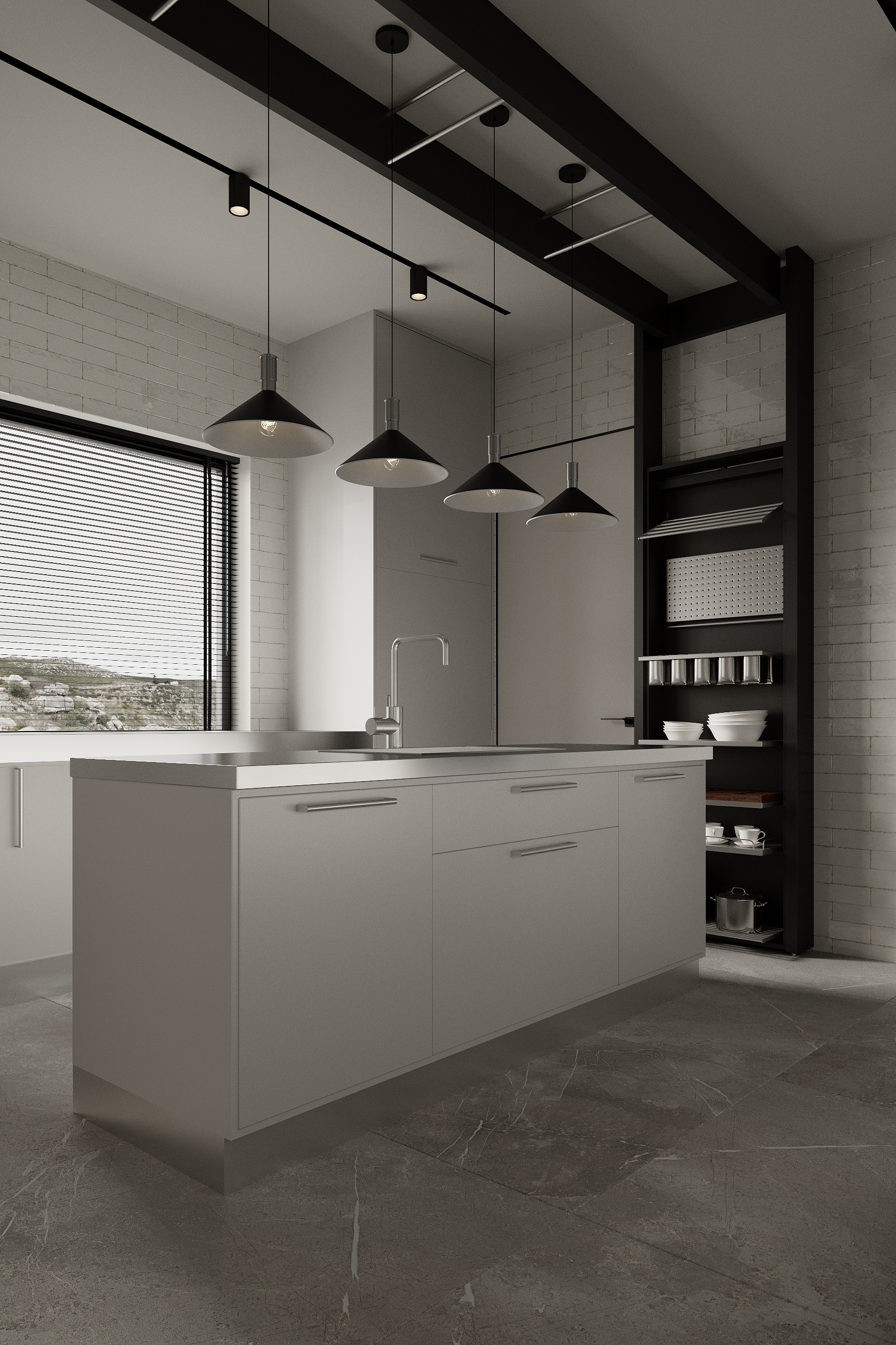 Wok kitchen detail with stone surfaces at Scandinavian barn house West Vancouver by Eurohouse Construction