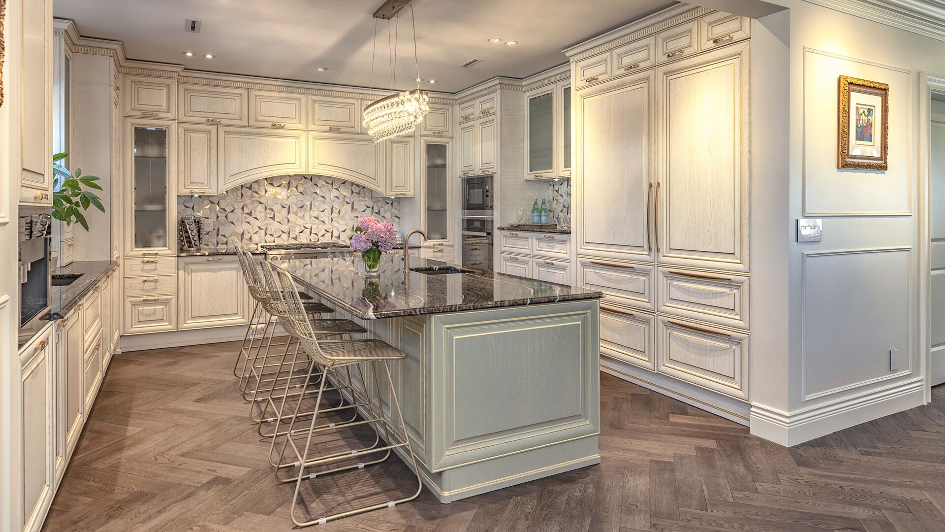 The Golden Olive — Italian cabinetry with sage-green island and gold leaf by Eurohouse Construction West Vancouver