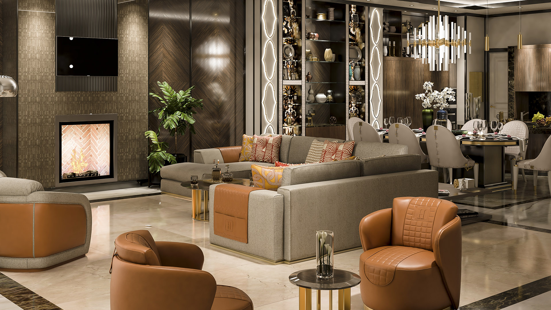 Luxury living room with Hermès-style leather armchairs, gold accent tables, and herringbone wood fireplace wall in The H House West Vancouver — built by Eurohouse Construction