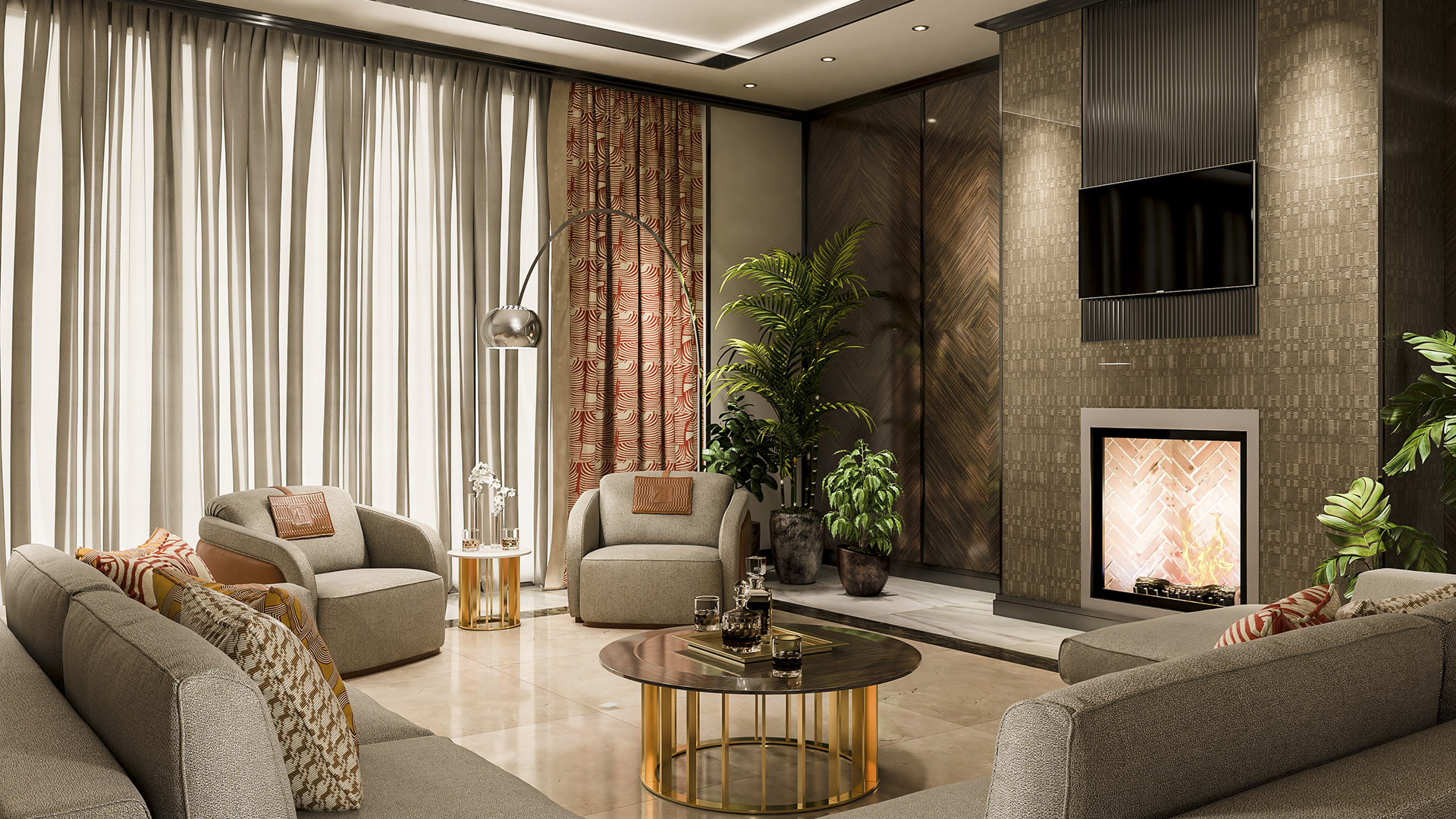 Formal living room with floor-to-ceiling drapery, gold-base coffee table, and designer fireplace in The H House luxury estate West Vancouver
