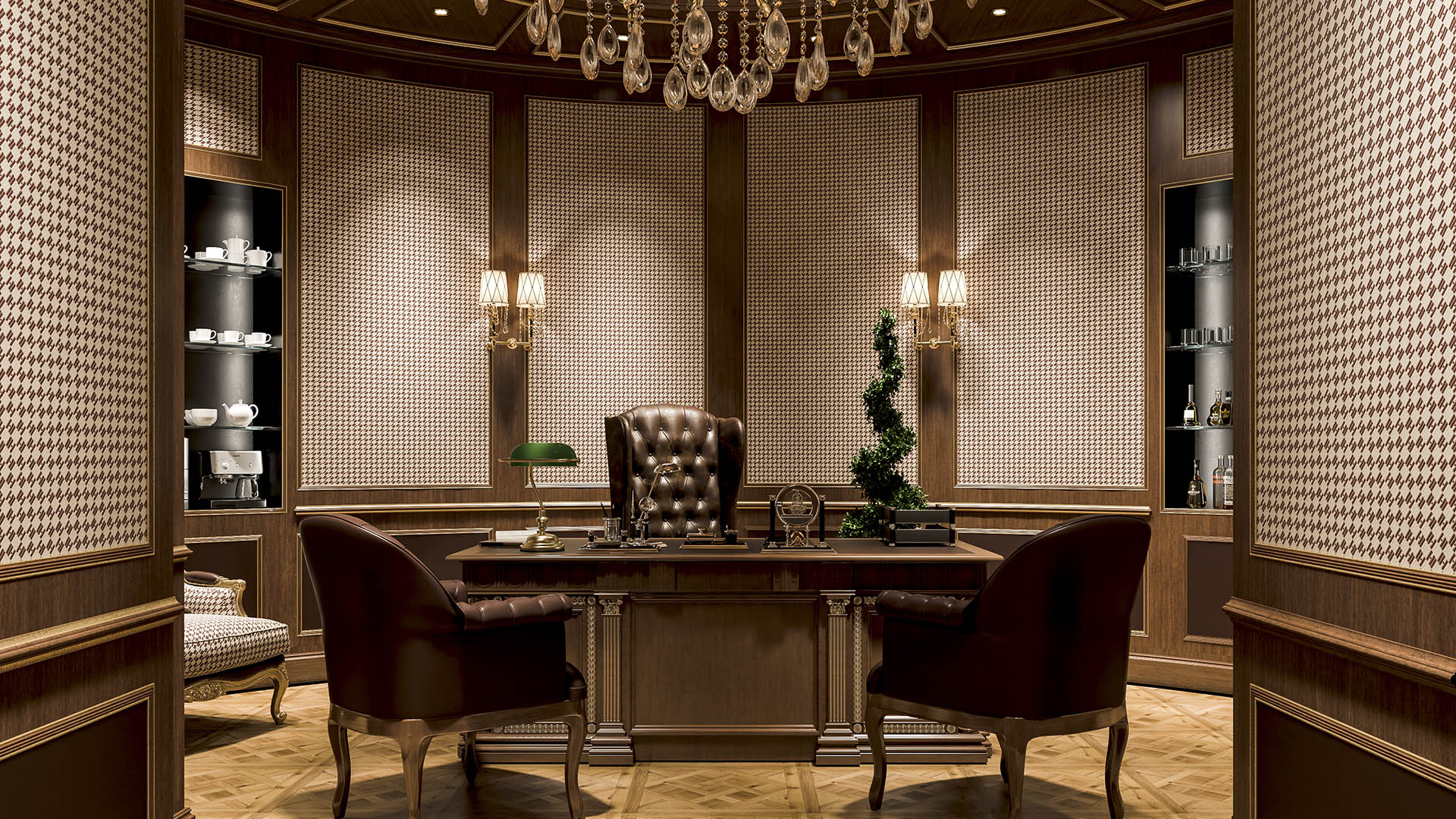 Executive private study with houndstooth wallpaper, Chesterfield leather desk chair, crystal chandelier, and herringbone parquet floors in The H House West Vancouver
