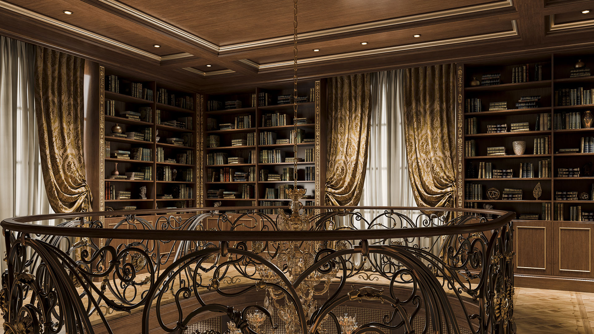 Two-storey private library with floor-to-ceiling bookshelves, ornate iron mezzanine railing, gold damask drapery, and coffered wood ceiling in The H House West Vancouver