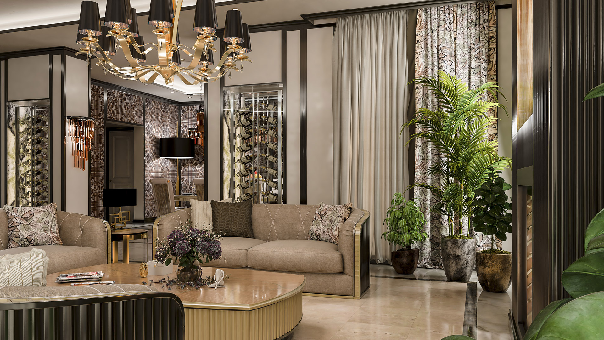 Secondary salon with gold sculptural chandelier, botanical print drapery, temperature-controlled wine cabinet, and designer sofas in The H House West Vancouver
