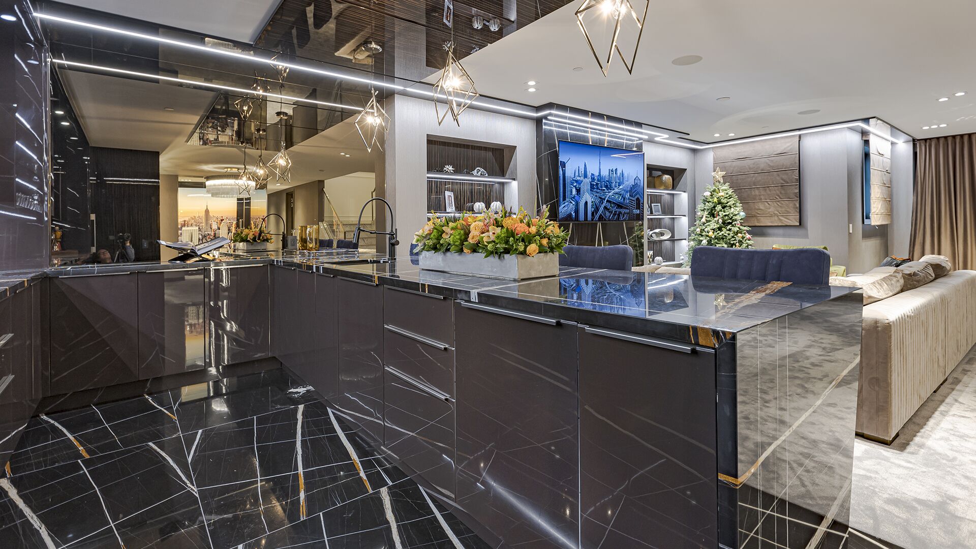 Bar area detail with dark marble countertop floral arrangement and Manhattan skyline office beyond West Vancouver meets Manhattan Eurohouse Construction