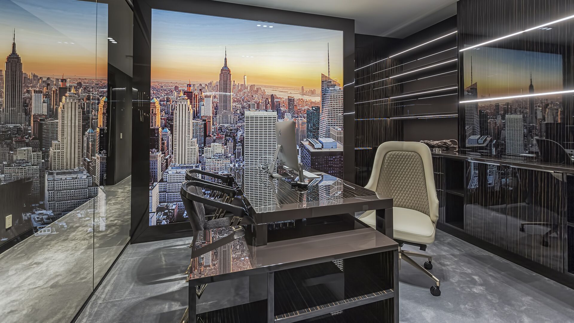 Manhattan-themed home office with backlit New York City skyline mural glossy dark desk and designer chair West Vancouver luxury home by Eurohouse Construction