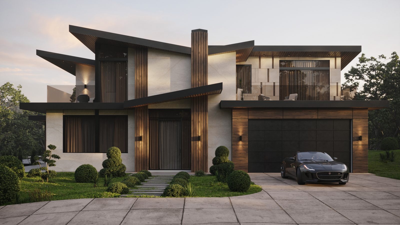 Wingline House front elevation with garage, entry, and angular roofline — West Vancouver by Eurohouse Studio